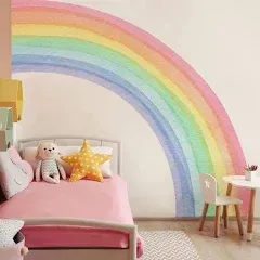 funlife Fabric Large Rainbow Wall Mural Stickers Peel and Stick, Precut Giant Vibrant Half Watercolor Rainbow Wall Decals for Girls Bedroom Kids Nursery Room Playroom, Right Half Rainbow