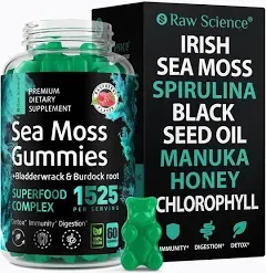 Irish Sea Moss Gummies - Detox Cleanse & Thyroid Support for Women & Men - Black Seed Oil, Manuka Honey, Fenugreek, Chlorophyll, Burdock Root - Gut Health, Immune Support & Energy Supplements - 60 pcs