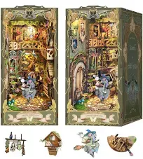 Book Nook Kit for Adults, DIY Booknook Miniature Dollhouse Kit Bookshelf Insert Decor Alley, 3D Puzzle Book Nook Model Kit with LED,Green Fairyland