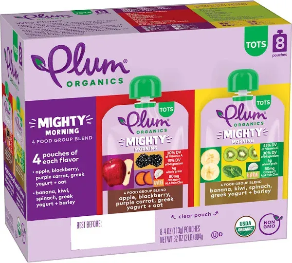 Plum Organics Mighty Morning Organic Toddler Food - Variety Pack - 4 oz Pouch (Pack of 8) - Organic Fruit and Vegetable Toddler Food Pouch