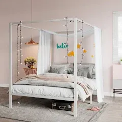  Metal Canopy Bed Frame Size/Mattress Foundation with Metal Slats Queen White