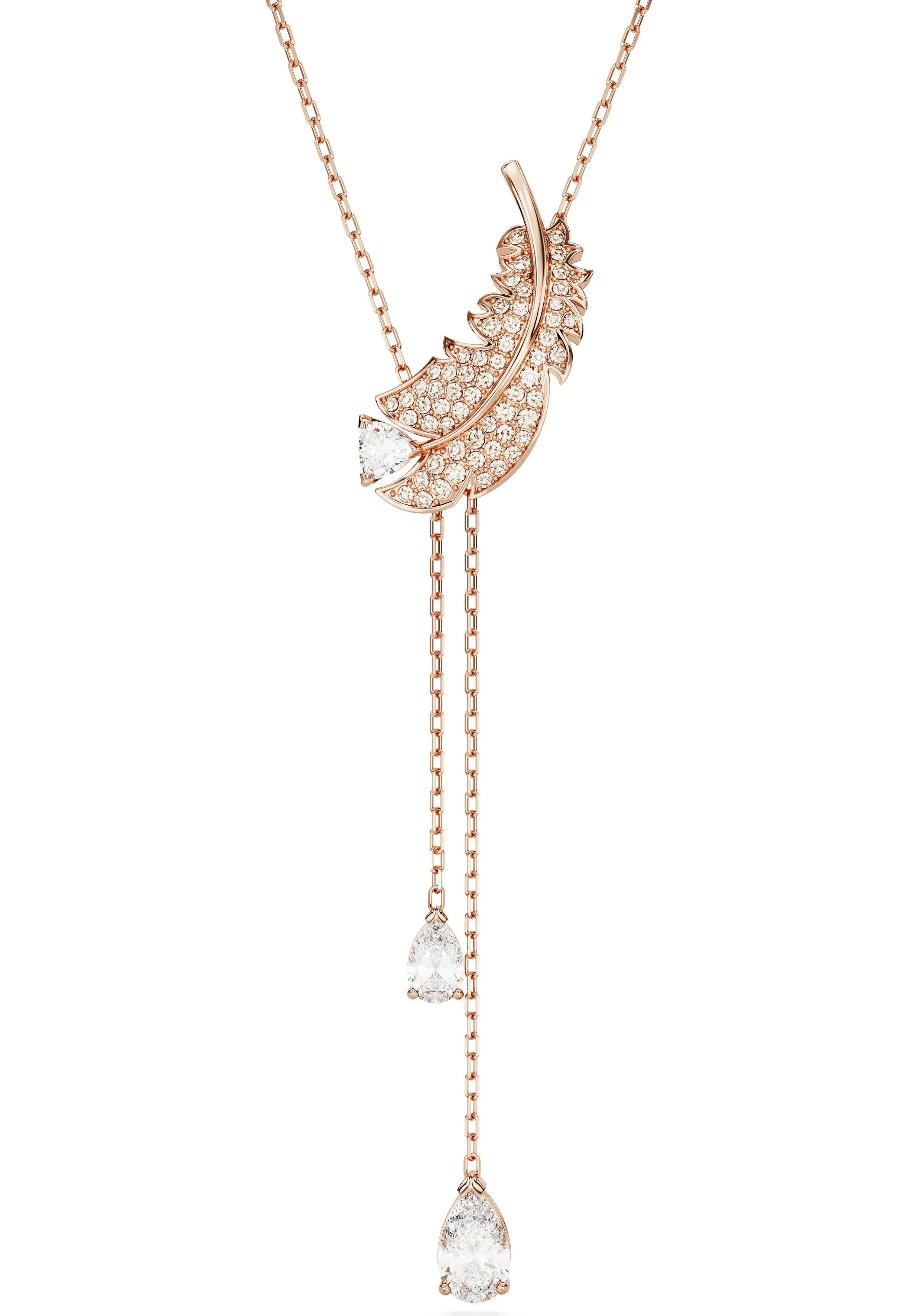 Swarovski Idyllia Y pendant, Feather, White, Rose gold-tone plated