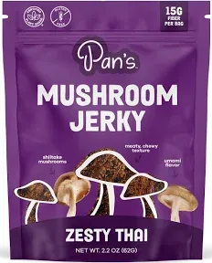 Pan's Mushroom Jerky in Zesty Thai Flavor. Vegan. Vegetarian. Gluten-Free. Vitamin D. High in Fiber. Soy-Free. Plant-Based. Shiitake Mushrooms – 2.2 Oz (pack of 1)