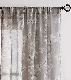 Fmfunctex Linen Sheer Curtains for Bedroom, Tan White Blossom Print Curtains 96 Inches Long for Living Room, Taupe Floral Patterned Farmhouse Curtain Light Filtering Window Drapes 2 Panels, Rod Pocket