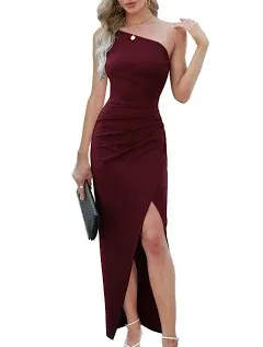 Sarin Mathews Womens One Shoulder Long Formal Dress Sexy Summer Sleeveless Bodycon Ruched Wrap Split Cocktail Dresses