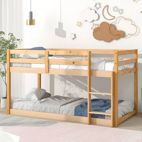 i-POOK Full Loft Bed Low Loft Bed Frame with Guardrail and Ladder Montessori Bed for Children Sturdy Wood Low Loft Bed for Low Ceiling Bedroom, No Box Spring Needed, Gray