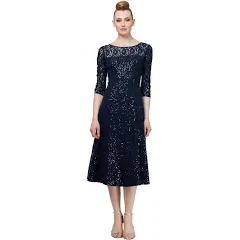 S.L. Fashions Women's Midi Length Sequin Lace Fit and Flare Dress (Missy Petite)