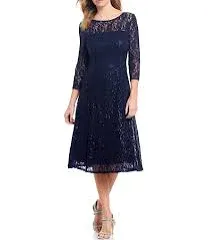 S.L. Fashions Women's Midi Length Sequin Lace Fit and Flare Dress (Missy Petite)