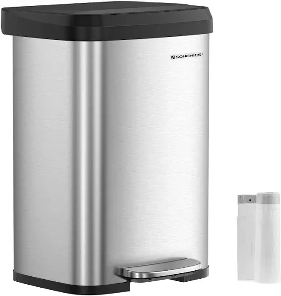 SONGMICS 13 Gallon Kitchen Trash Can Stainless Steel Garbage Can Recycle Bin with Stay-Open Lid and Step-On Pedal Silver and Black