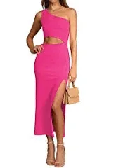 Pink Queen Women's One Shoulder Sleeveless Cutout Side Slit Bodycon Maxi Long Dress