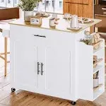 IRONCK Kitchen Island with Storage, Rolling Kitchen Island On Wheels with Drop Leaf, Charging Station, 3 Open Spice Rack, Cabinet, Drawer, Kitchen