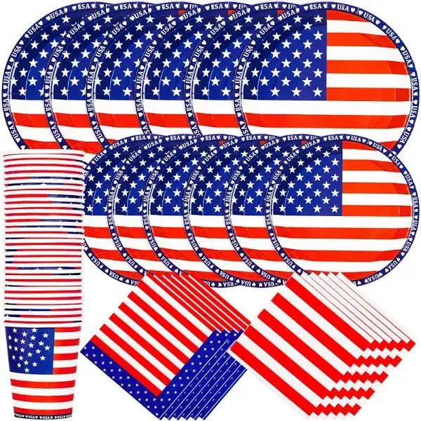 150Pcs American Independence Day Party Supplies, Disposable Napkins Paper Plates and Paper Cups, Day 4th of July Independence Day Decorations, Serve 30