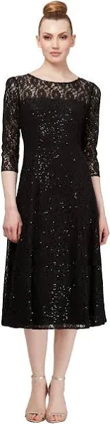 S.L. Fashions Women's Midi Length Sequin Lace Fit and Flare Dress (Missy Petite)