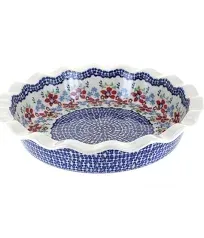 Blue Rose Polish Pottery Red Poppy Pie Plate