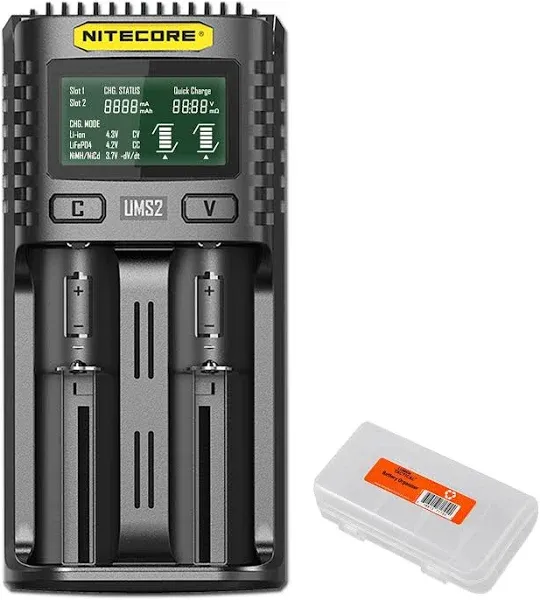 Nitecore UMS2 Intelligent USB Dual-Slot Quick Battery Charger for Li-Ion/Ni-MH/Ni-Cd/IMR 16340 14500 18650 21700 20700 AA AAA and More Batteries, with LumenTac Battery Organizer