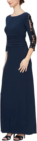 S.L. Fashions Women's Long Ruched Waist Dress Embroidered Sleeve (Reg Plus Petite)