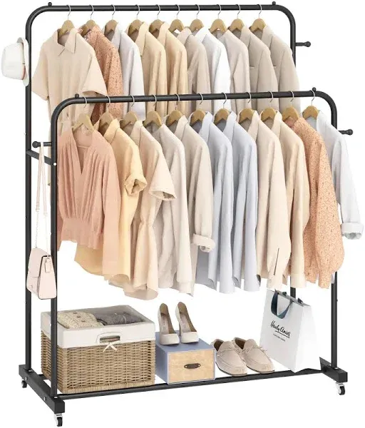 Double Rods Garment Rack with Wheels Clothing Rack and 4 Hooks