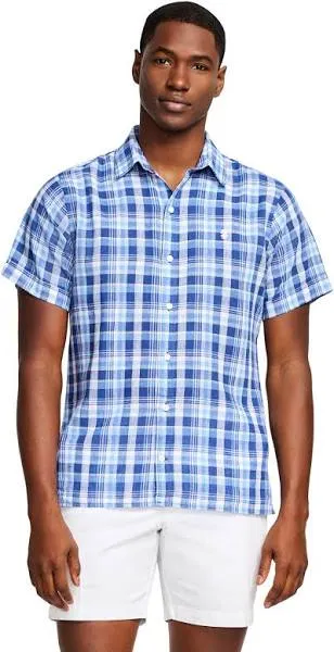 MADRAS WOVEN SHORT-SLEEVE BUTTON-DOWN SHIRT - RAPTURE ROSE