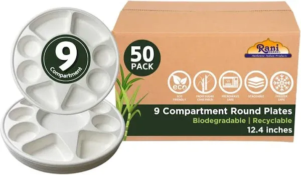 Rani Round Biodegradable Divided Plates, Pack of 25, 9 Compartments ~ Disposable & Eco-Friendly | 12.44" Diameter, 1.38" Thickness | Heavy-Duty and Sturdy Disposable Bagasse Plates | Premium Quality