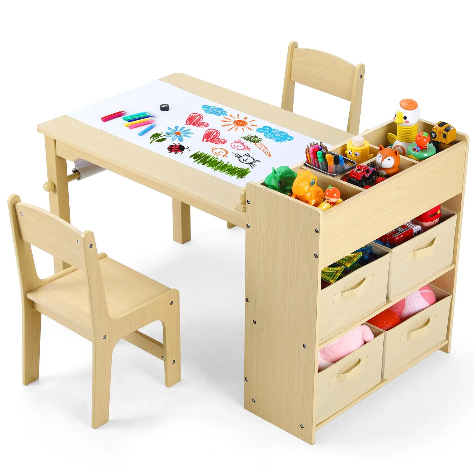 Art Table With 2 Chairs, Kids Craft Play Activity Desk With Large Storage Shelf