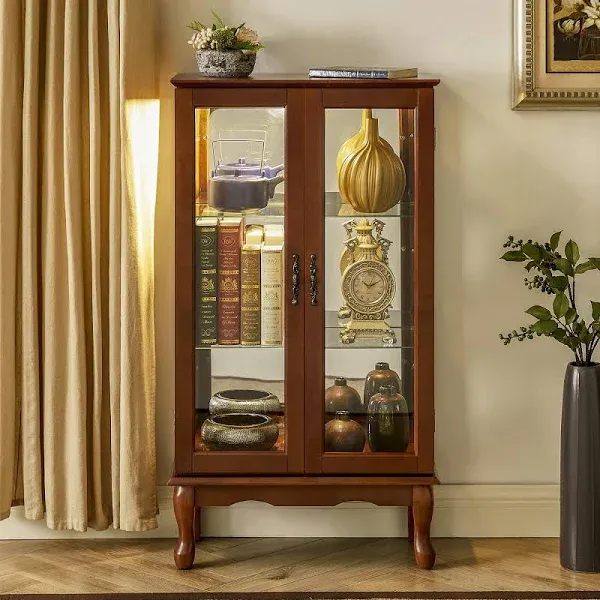 Curio Cabinet Lighted Curio Diapaly Cabinet with Adjustable Shelves and Mirrored Back Panel, Tempered Glass Doors (Cherry, Walnut, Oak 3 Tier), (E26 Light Bulb not Included) (Oak)