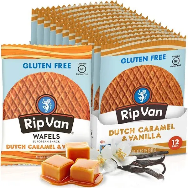 Rip Van Wafels Gluten-Free Stroopwafel - Dutch Caramel & Vanilla Stroopwafels - Healthy Gluten Free Snacks - Non-GMO Snacks - Low Sugar (6g) - Low Calorie Snack - 12 Count