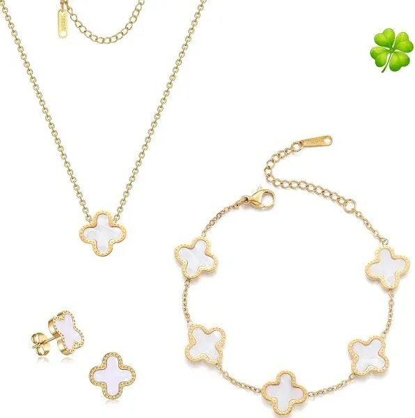 Lucky Clover Sets,18K Gold Plated Four Leaf Bracelet,Clove<wbr/>r Necklace Pendant,Clo