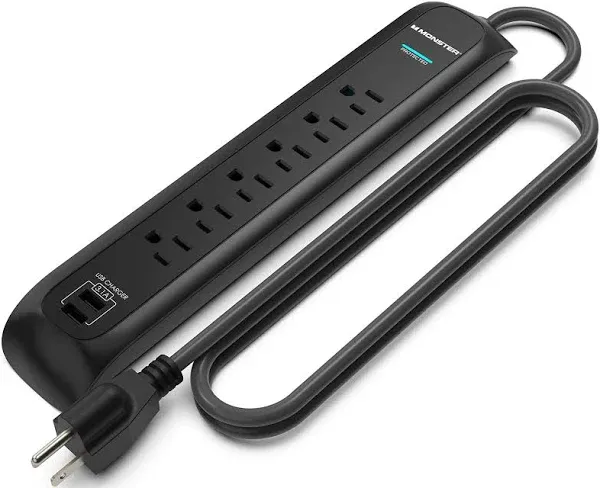 Monster 6 Outlets Power Strip Surge Protector Black 2 USB A AC