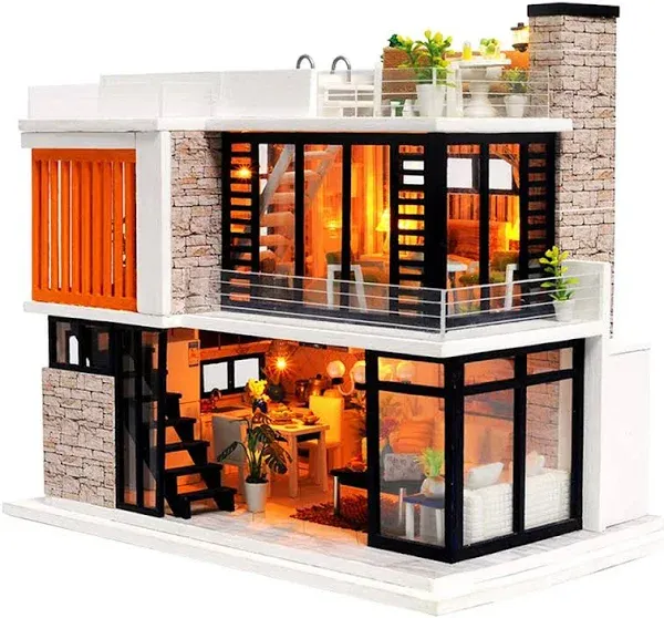 Spilay DIY Miniature Dollhouse Wooden Furniture Kit,Handmade Mini Modern Villa Model,1:24 Scale Creative Doll House Toys