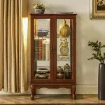 GPCRAC Curio Cabinet Lighted Curio Diapaly Cabinet Wooden Shelving Unit with Adjustable Shelves and Mirrored Back Panel, Tempered Glass Doors