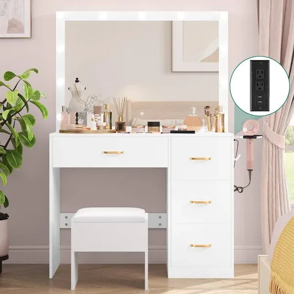 YITAHOME Vanity Desk Set with Large Lighted Mirror, Power Outlet, 3 Color Lighting Modes, Makeup