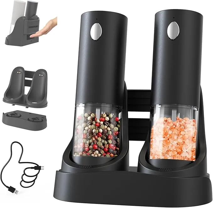 CIRCLE JOY Electric Salt and Pepper Grinder Set Automatic Salt and Pepper Grinder Set with Easy-to-Carry Charging Base and LED Light, Adjustable Coarseness, USB Rechargeable, Washable Container, Black