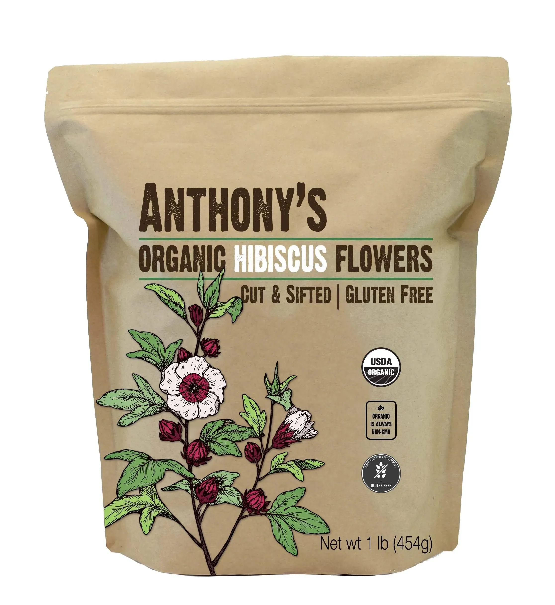 Anthony's Organic Hibiscus Flowers, 1lb, Cut & Sifted, Gluten Free, Non Gmo, Non Irradiated, Keto Friendly