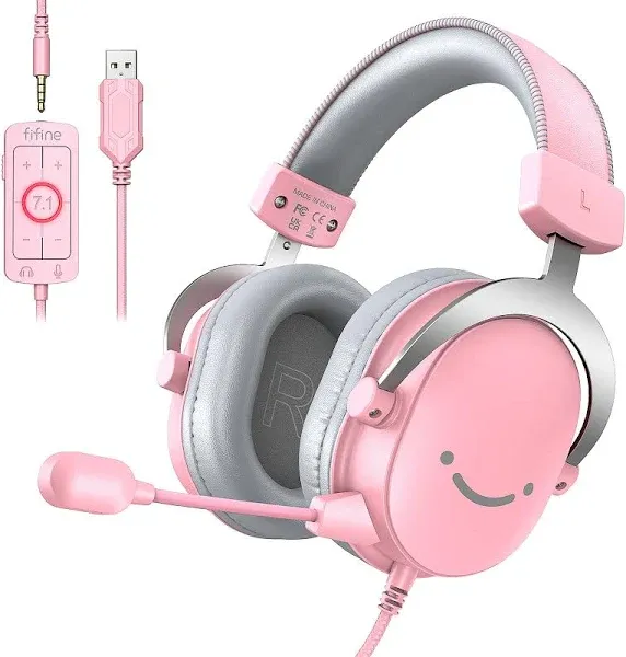 FIFINE USB Gaming Headset, PC Over-Ear Wired Streaming Headset with 3.5mm Jack, Detachable Microphone, 7.1 Surround Sound, Control Box, Passive Noise Cancellation, for PS5/Xbox/Switch-H9 Pink