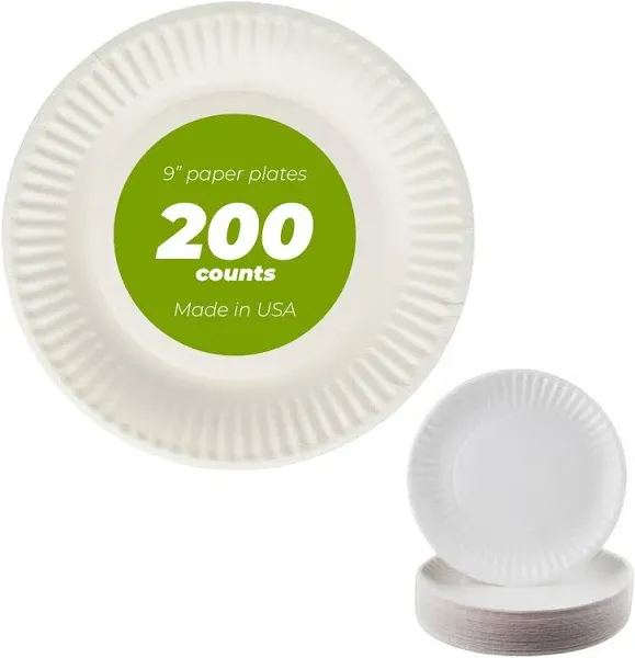 9 Inch Paper Plate Uncoated Plates White, 200ct