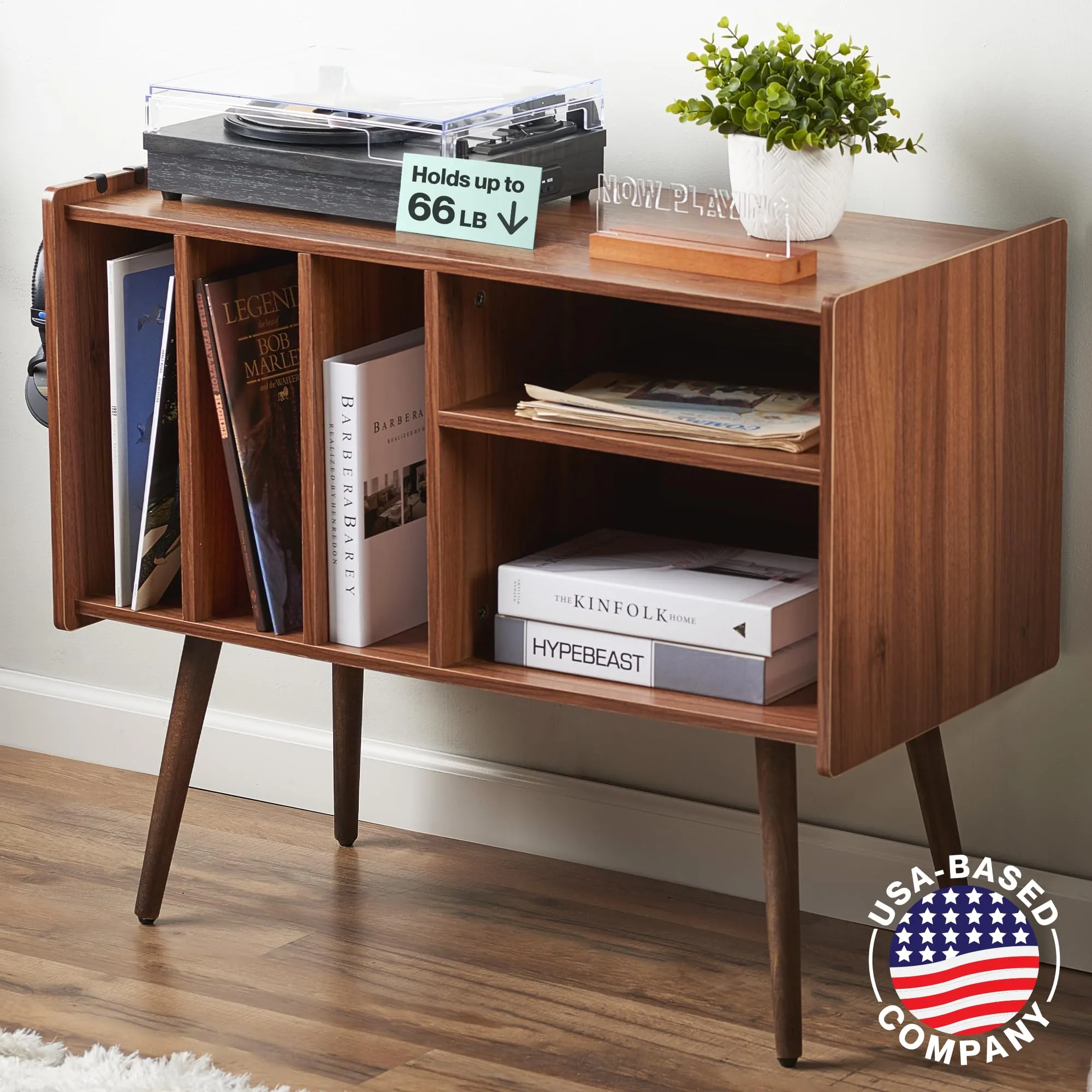 Record player stand with vinyl storage - USA company - Includes Album Holder and Headphone Hooks - record player table with album storage for up to 220 Records