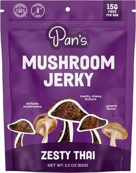 Pan's Mushroom Jerky, Organic, Vegan Snacks, Dried Mushrooms Shitake, Plant based Jerky, Meatless Jerky, Gluten Free, High in Fiber, with Zesty Thai flavor (2.2 Ounce, Pack of 1)