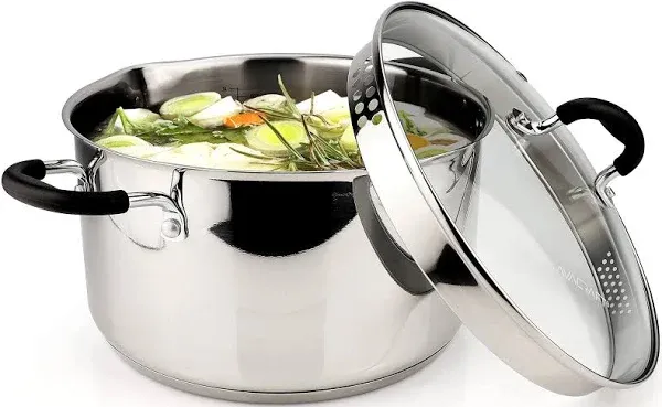 AVACRAFT Stainless Steel Saucepan with Glass Lid, Strainer Lid, Two Side Spouts for Easy Pour with Ergonomic Handle, Multipurpose Sauce Pan with Lid