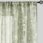 FMFUNCTEX Green Sheer Curtains for Living-Room White Blossom Print On Flax Linen Blend Window Drapes 63" 2 Panels, Sage, Rod