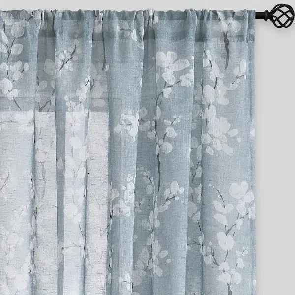 Fmfunctex Linen Sheer Curtains for Bedroom White Blossom Print Curtains 84 Inches Long for Living Room