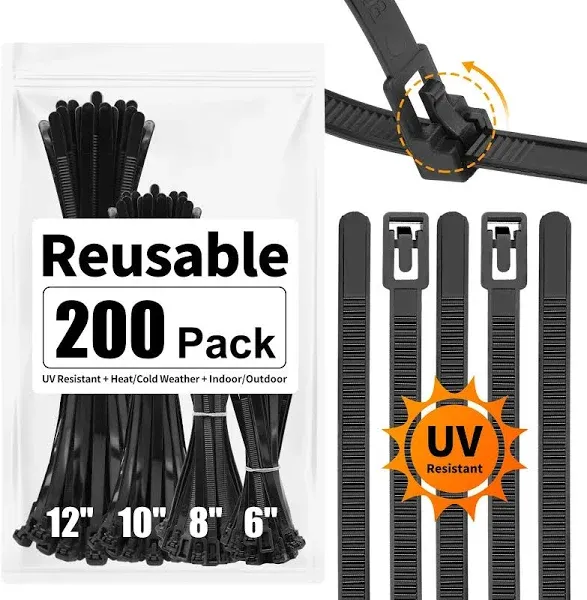 SOOOEC Reusable Zip Ties 200 Packs