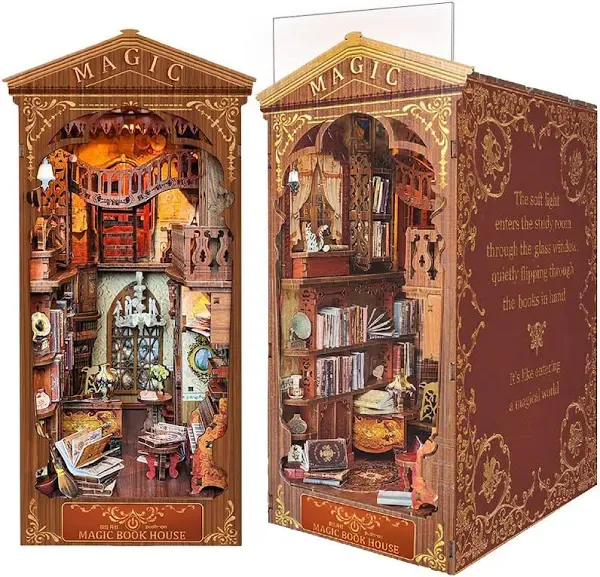 DIY Book Nook Kit, DIY Dollhouse Booknook, Magic Booknook, 3D Wooden Puzzle Bookends, Book Nook Miniature Kits with LED Light for Adults (SQ06)