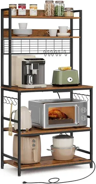 VASAGLE Hutch Bakers Rack with Power Outlet, 14 Hooks Microwave Stand, Adjustable Coffee Bar with Metal Wire Panel, Kitchen Storage Shelf, 15.7 x 23.6 x 66.9 Inches, Greige and Black UKKS037B02