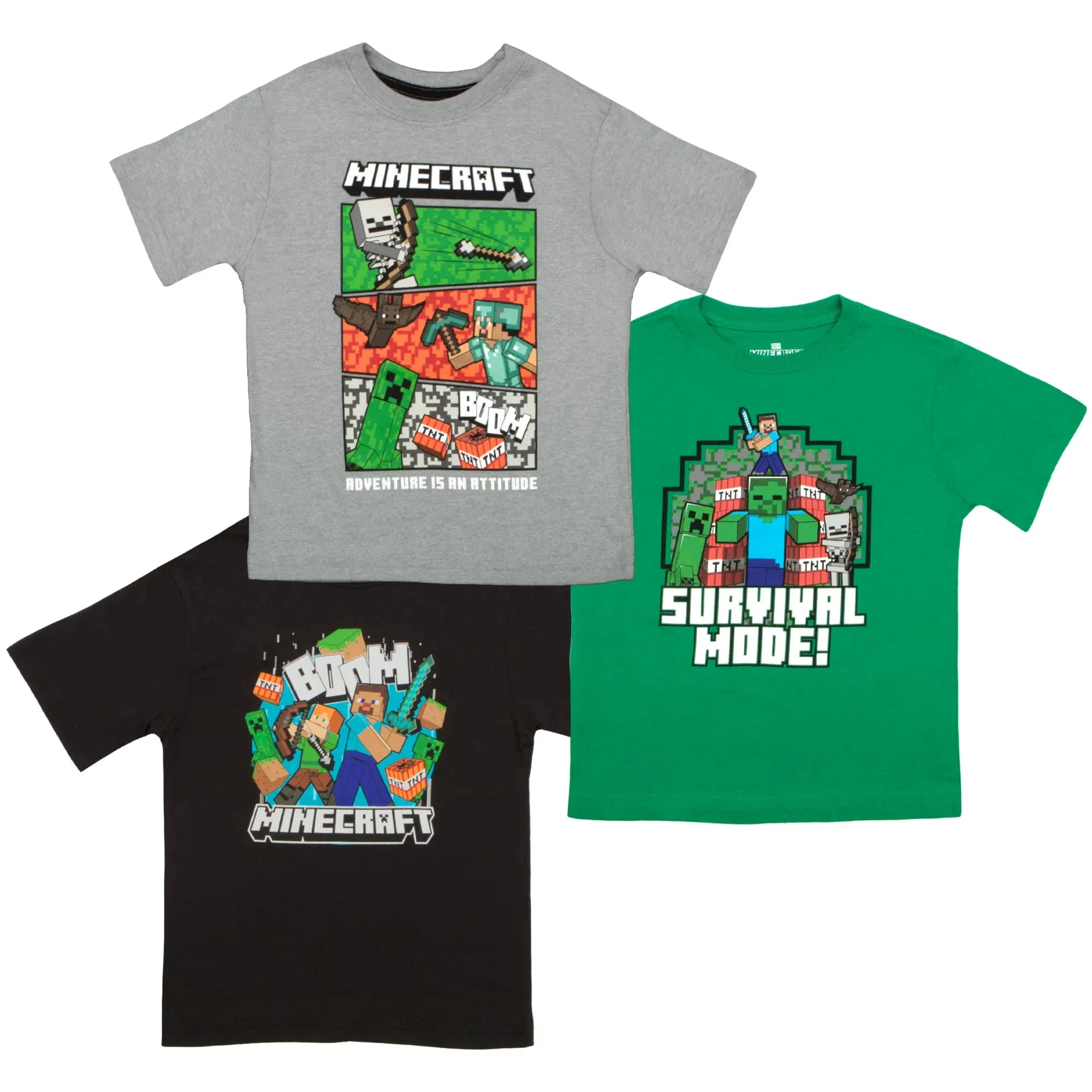 Minecraft Boys Creeper & Characters 3 Colors Short Sleeve T-Shirt Set, 3 Pack (Sizes 4-16), Boy's, Size: 5-6