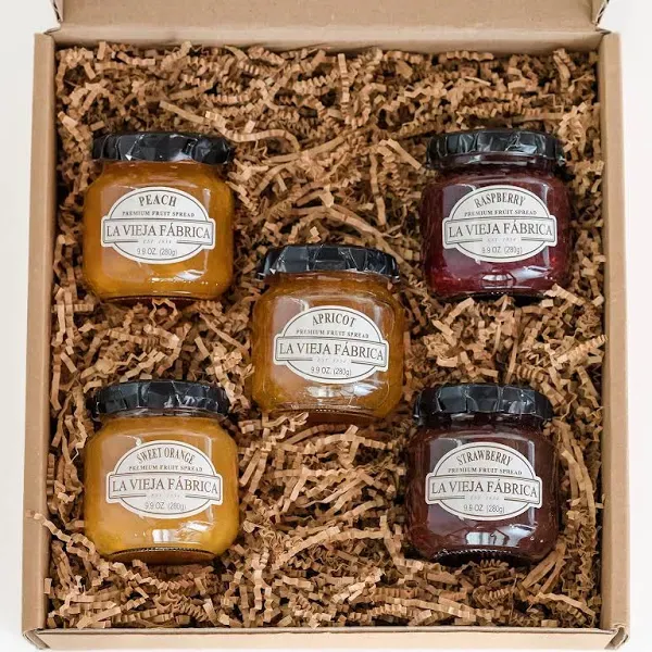 La Vieja Fabrica Fruit Spread Gift Box – Includes Sweet Orange, Peach, Apricot, Raspberry & Strawberry Jam – 9.9 oz (5 Jars)