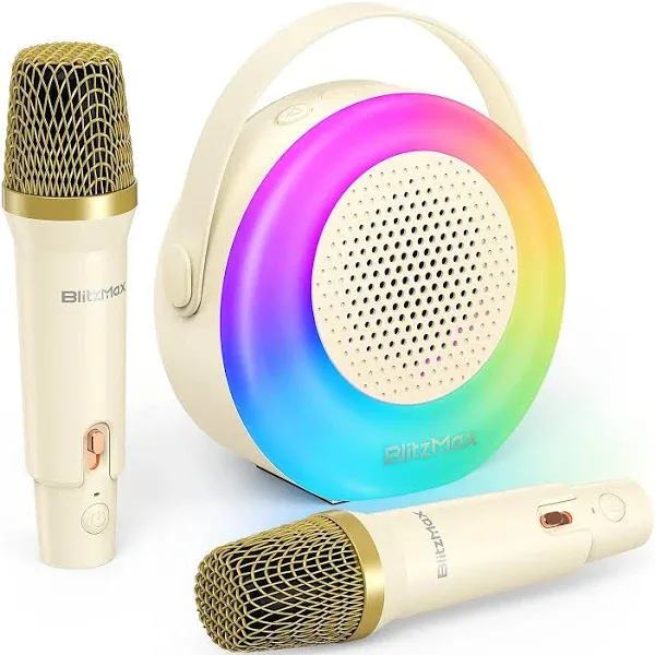 Karaoke Machine for Kids，Mini Portable Bluetooth Speaker with 2 Wireless Microphones,Karaoke Toys Gifts with Interactive Lights and Sound for Girls Boys Adults Home Party Birthday-Beige