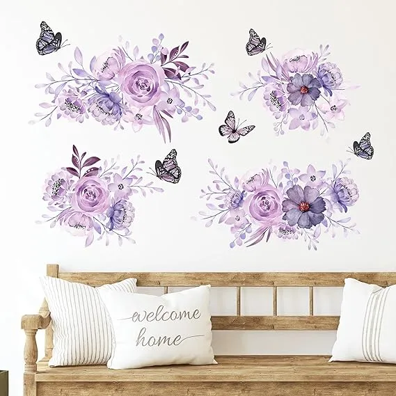 Zonon 6 Pieces Flowers Wall Decals Vinyl Dragonflies Flowers Wall Stickers Removable Floral Wall Murals Peel and Stick Colorful Flower Wall Decor for Bedroom Living Room Nursery(Flower and Butterfly)