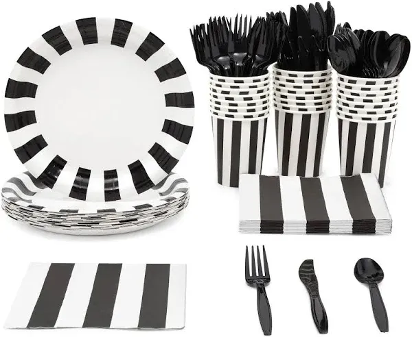 144 Piece Black and White Party Decorations Striped Birthday Party Supplies S...