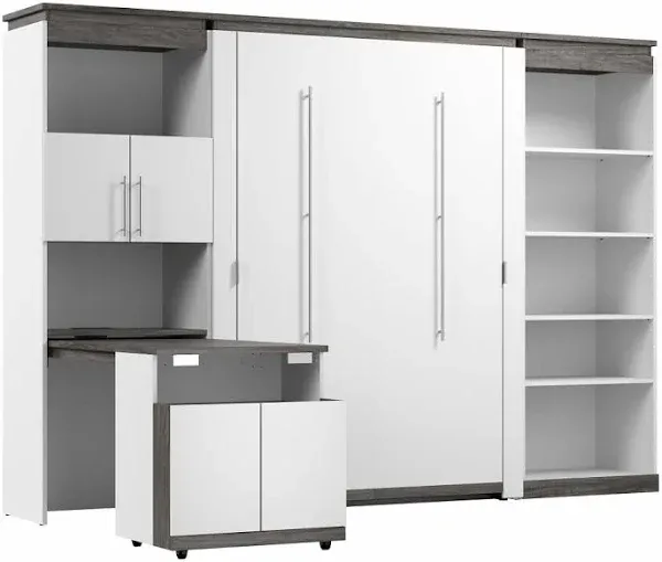 Bestar Orion Full Murphy Bed with Shelves and Storage Cabinet with Fold-Out Desk (120W) in Bark Grey and Graphite, Sleeping Arrangement with Work Surface