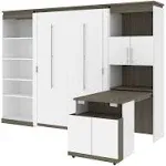 Bestar Orion 118W Full Murphy Bed with Shelving and Fold-Out Desk (119W) in White & Walnut Grey